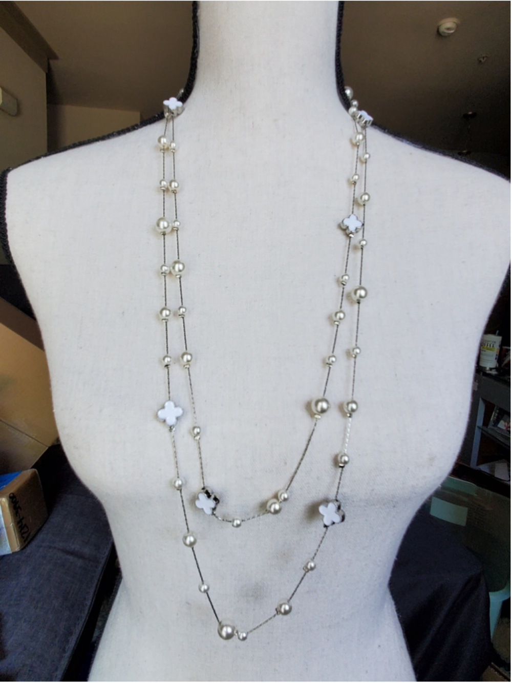 Long White and silver faux Pearl and Clover Necklace,